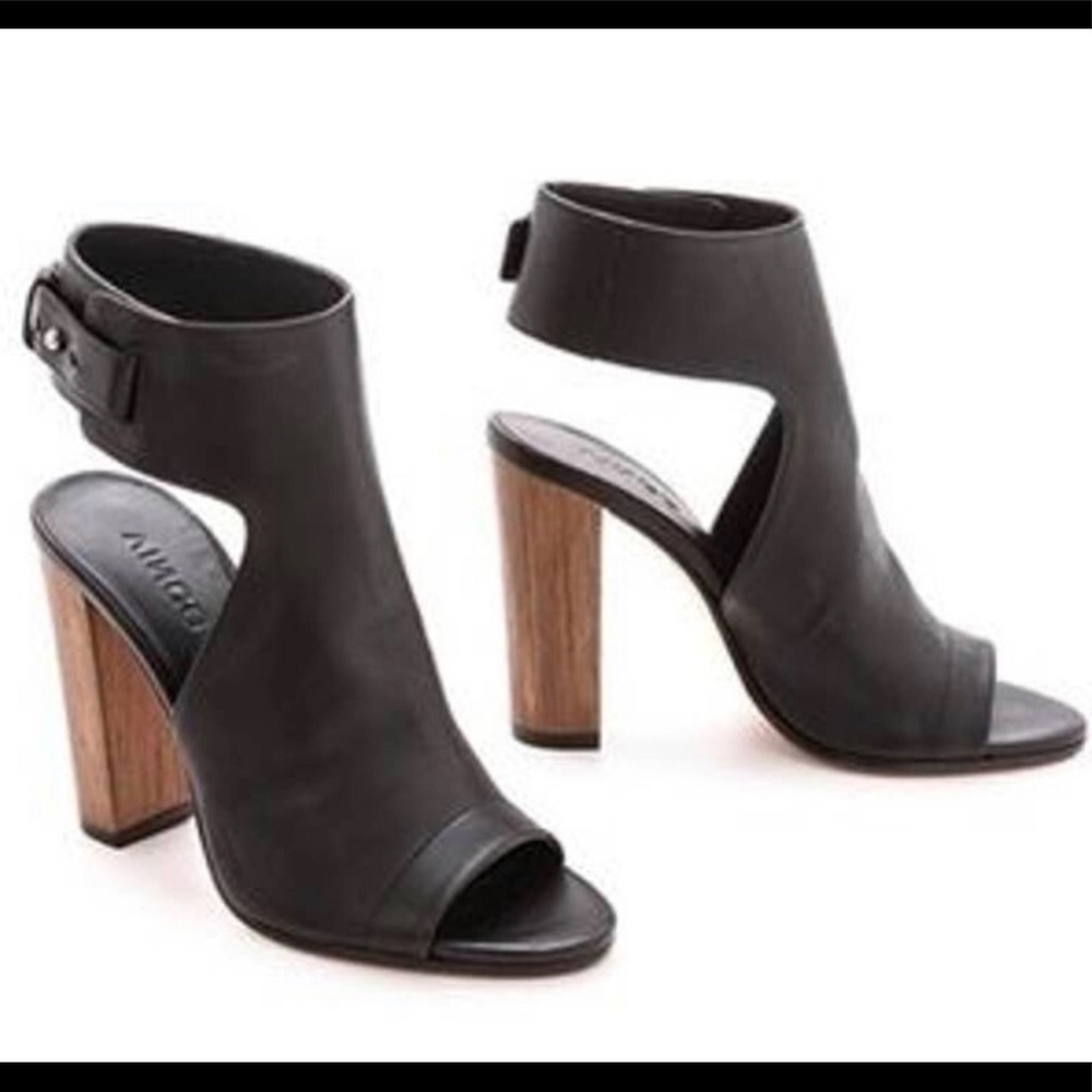 Vince Black Leather Open-Toe Ankle Boot Heels with Wood Block Heel